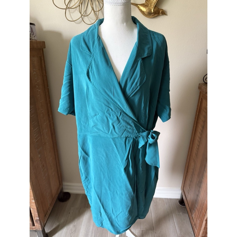 Vintage Tess Dress 100% Silk Wrap Dress Womens 16W Teal Short Sleeve Plus Size
